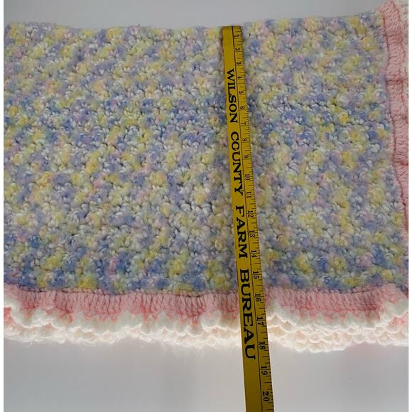 Handmade Crochet Baby Blanket Girl Pink White Blue Ruffed Trim Hygge Soft Fuzzy - Picture 7 of 8